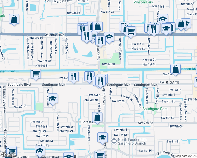 map of restaurants, bars, coffee shops, grocery stores, and more near 160 Southwest 72nd Terrace in Margate