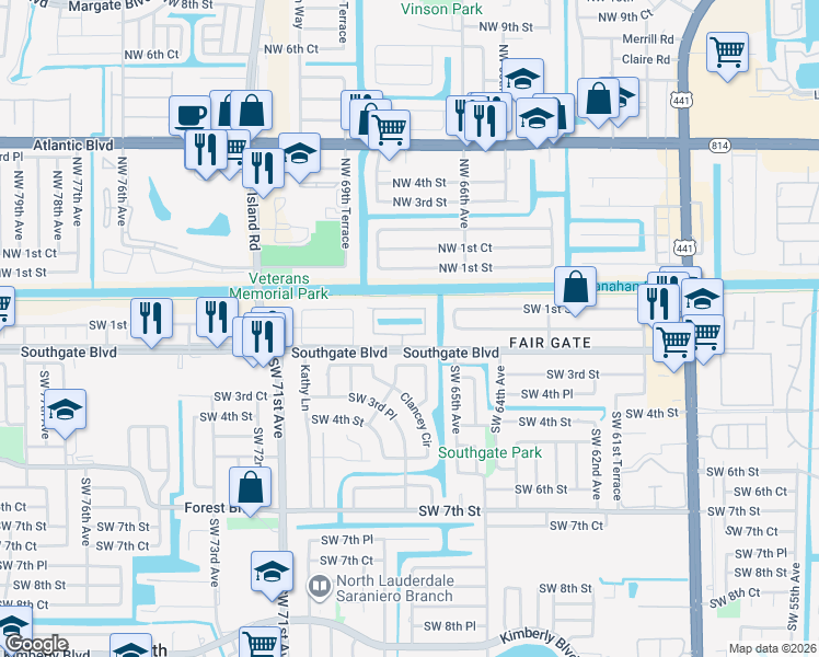 map of restaurants, bars, coffee shops, grocery stores, and more near 6609 South Parkway Drive in Margate