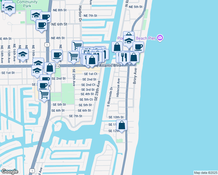 map of restaurants, bars, coffee shops, grocery stores, and more near 319 South Riverside Drive in Pompano Beach