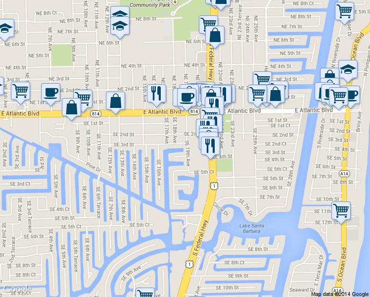 map of restaurants, bars, coffee shops, grocery stores, and more near 371 South Federal Highway in Pompano Beach