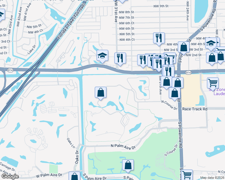 map of restaurants, bars, coffee shops, grocery stores, and more near 3091 North Course Drive in Pompano Beach