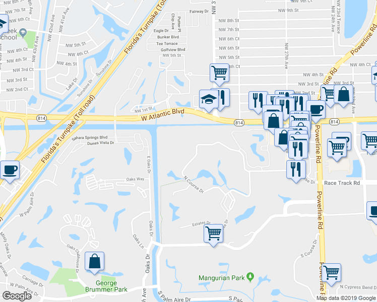 map of restaurants, bars, coffee shops, grocery stores, and more near 3090 North Course Drive in Pompano Beach