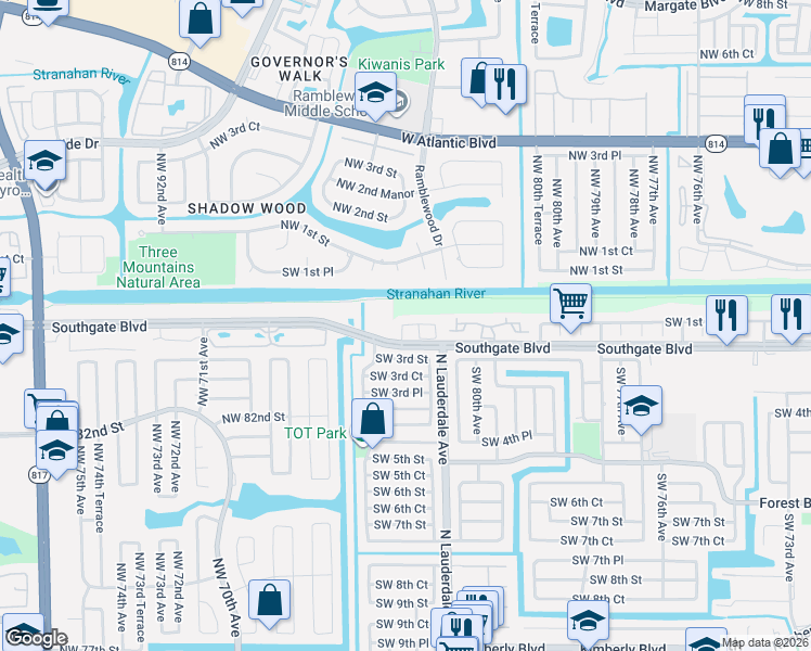 map of restaurants, bars, coffee shops, grocery stores, and more near 8143 Southgate Boulevard in North Lauderdale