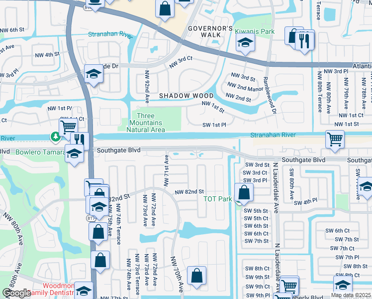 map of restaurants, bars, coffee shops, grocery stores, and more near 6950 Southgate Boulevard in Tamarac