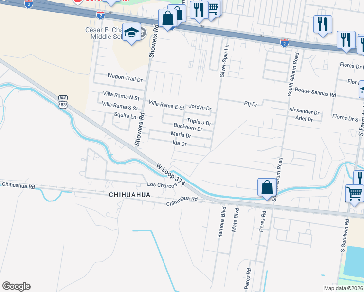 map of restaurants, bars, coffee shops, grocery stores, and more near 3511 Ida Drive in Palmview