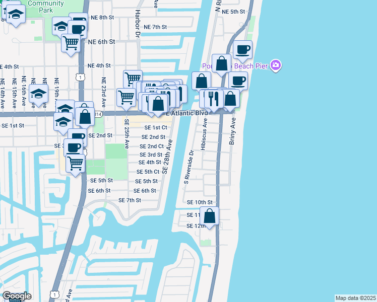 map of restaurants, bars, coffee shops, grocery stores, and more near 319 South Riverside Drive in Pompano Beach
