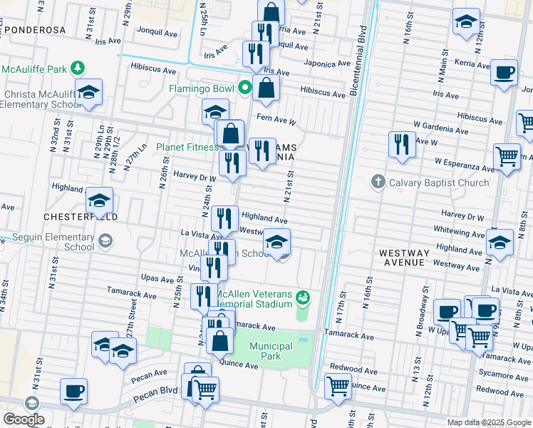 map of restaurants, bars, coffee shops, grocery stores, and more near 2116 Highland Avenue in McAllen