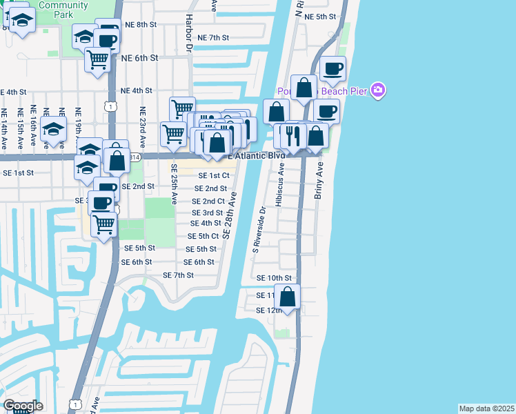 map of restaurants, bars, coffee shops, grocery stores, and more near 319 South Riverside Drive in Pompano Beach