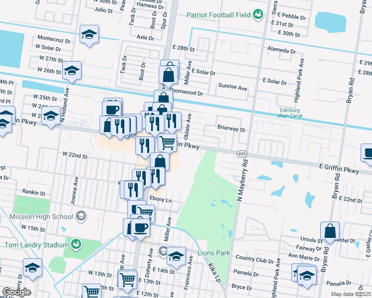 map of restaurants, bars, coffee shops, grocery stores, and more near 400 East Griffin Parkway in Mission