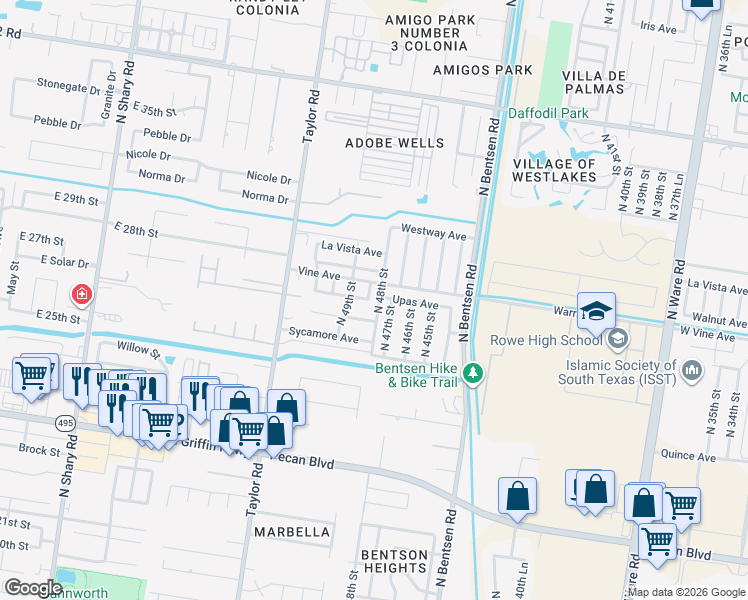map of restaurants, bars, coffee shops, grocery stores, and more near 2106 North 48th Lane in McAllen