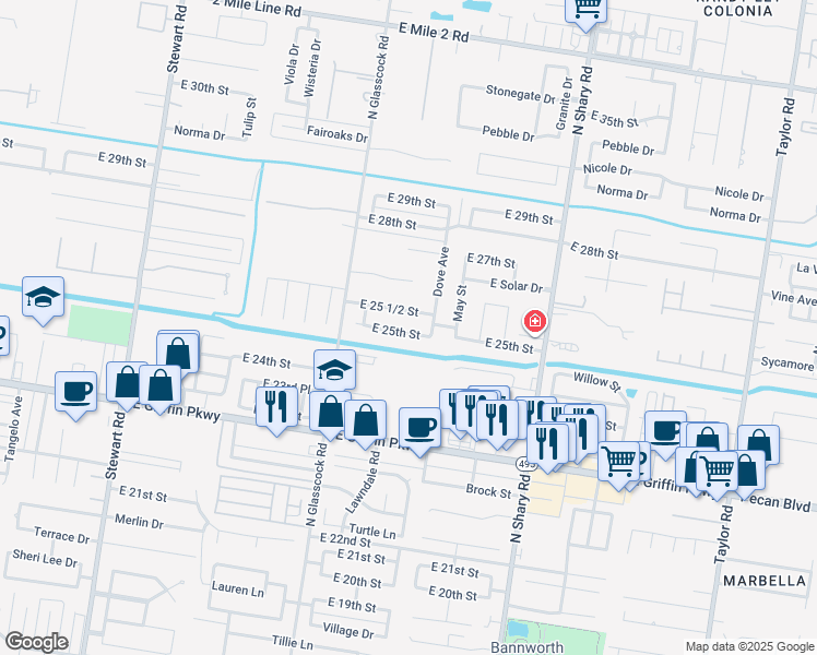 map of restaurants, bars, coffee shops, grocery stores, and more near 2205 East 25th Street in Mission