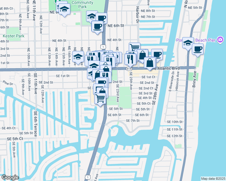 map of restaurants, bars, coffee shops, grocery stores, and more near 300-302 Northeast 22nd Avenue in Pompano Beach