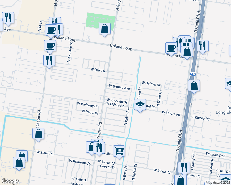 map of restaurants, bars, coffee shops, grocery stores, and more near 1004 Sugar Garden Drive in Pharr