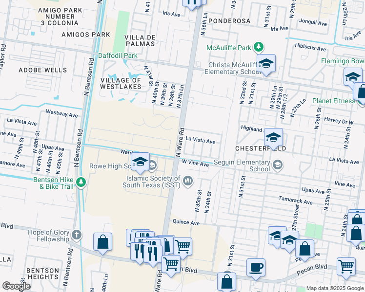 map of restaurants, bars, coffee shops, grocery stores, and more near 2319 N 36th Ln in McAllen