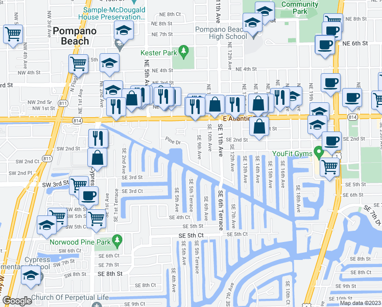 map of restaurants, bars, coffee shops, grocery stores, and more near 801 Pine Drive in Pompano Beach