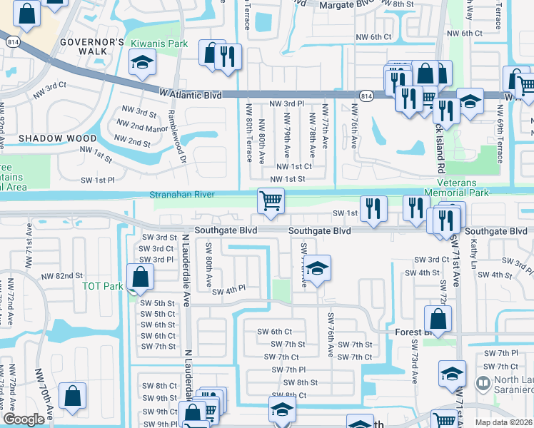 map of restaurants, bars, coffee shops, grocery stores, and more near 7841 Southwest 1st Street in Margate