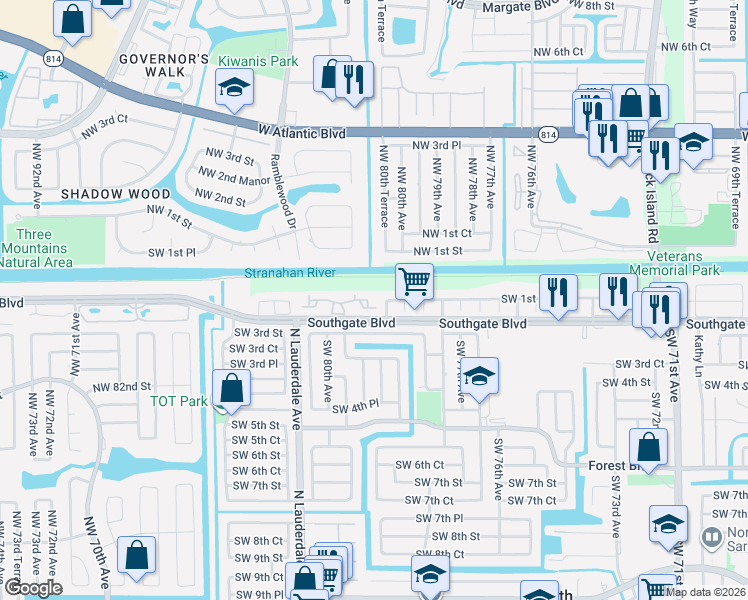 map of restaurants, bars, coffee shops, grocery stores, and more near 7901 Southgate Boulevard in North Lauderdale