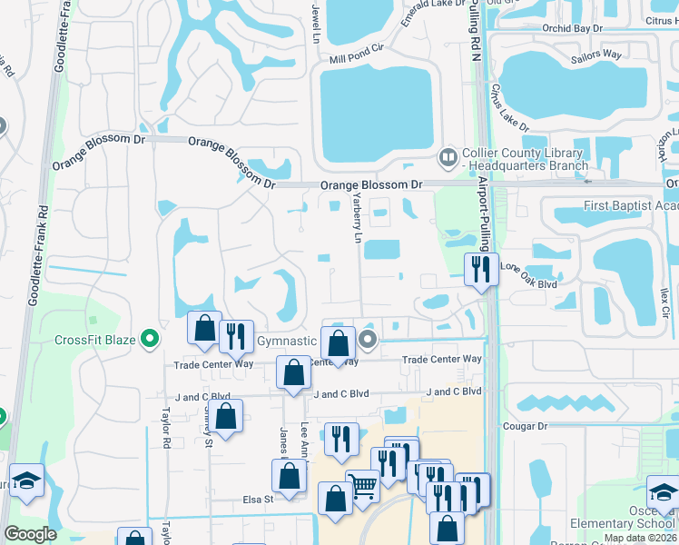 map of restaurants, bars, coffee shops, grocery stores, and more near 6725 Yarberry Lane in Naples