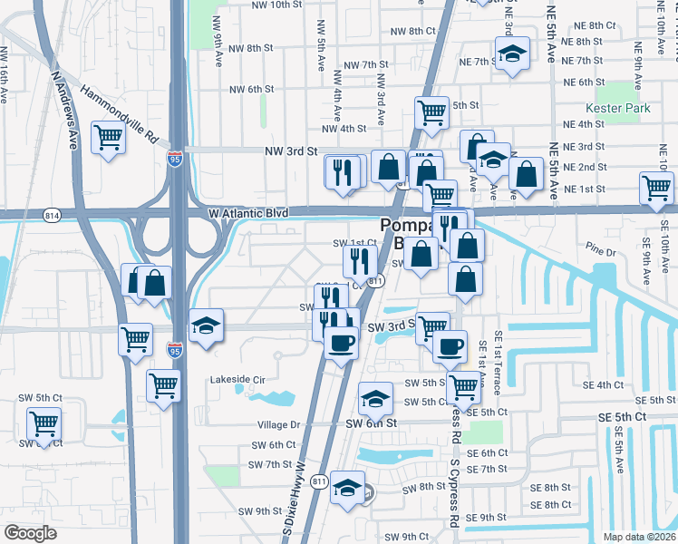 map of restaurants, bars, coffee shops, grocery stores, and more near 302 Southwest 2nd Street in Pompano Beach