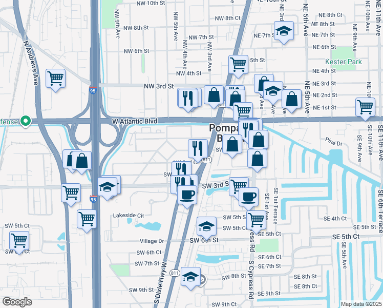 map of restaurants, bars, coffee shops, grocery stores, and more near 302 Southwest 2nd Street in Pompano Beach