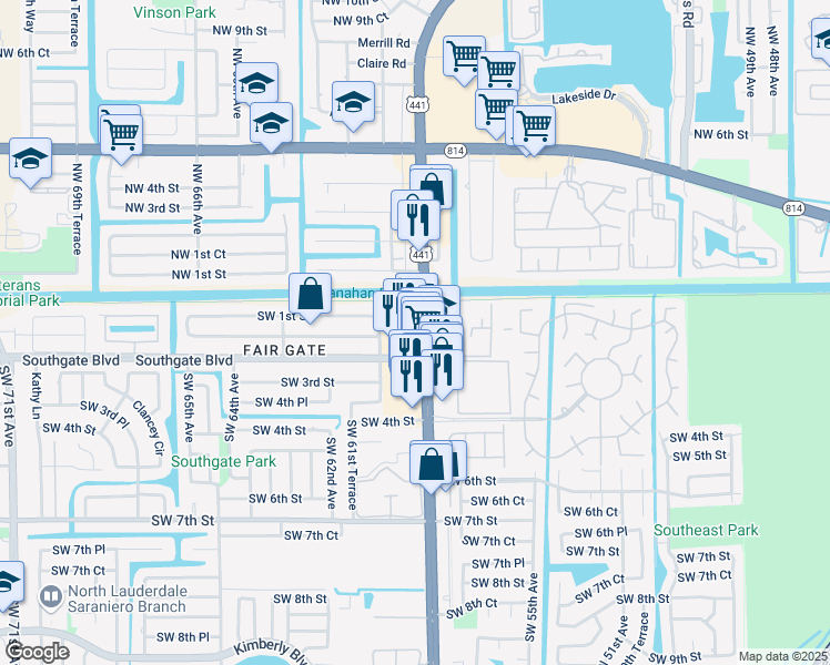 map of restaurants, bars, coffee shops, grocery stores, and more near 167 Florida 7 in Margate