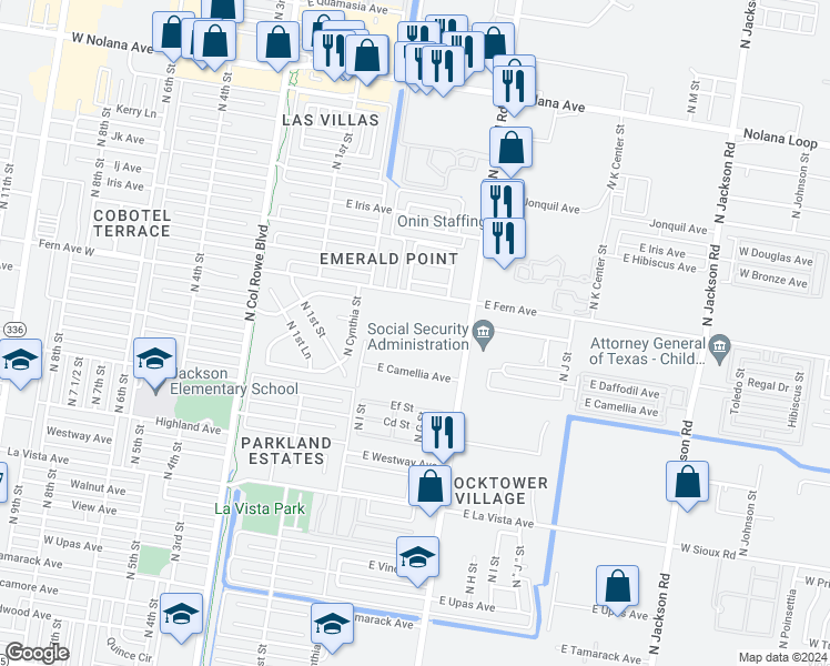 map of restaurants, bars, coffee shops, grocery stores, and more near 3001 North McColl Road in McAllen