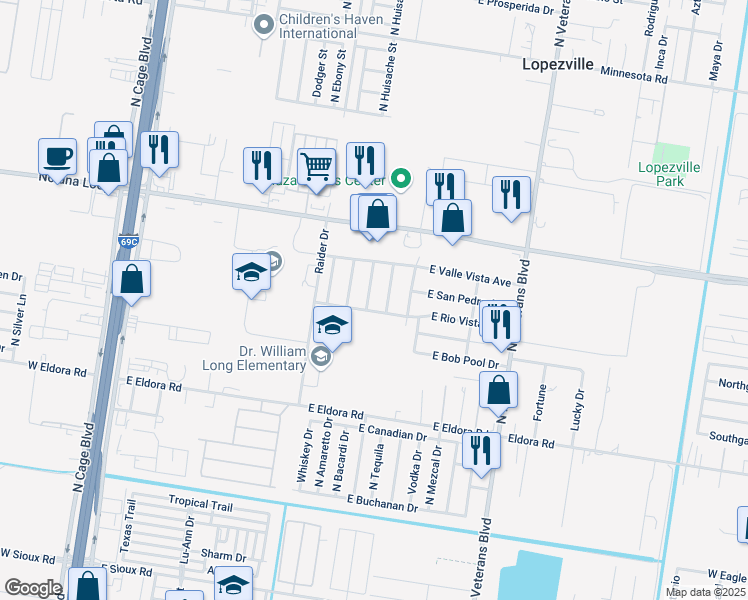 map of restaurants, bars, coffee shops, grocery stores, and more near 4104 Linda Vista Street in Pharr
