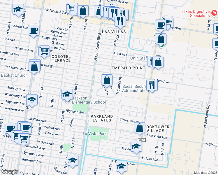 map of restaurants, bars, coffee shops, grocery stores, and more near 2941 North 1st Street in McAllen