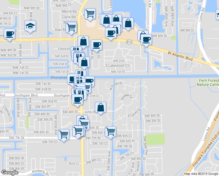 map of restaurants, bars, coffee shops, grocery stores, and more near 232 North Cortez Drive in Margate