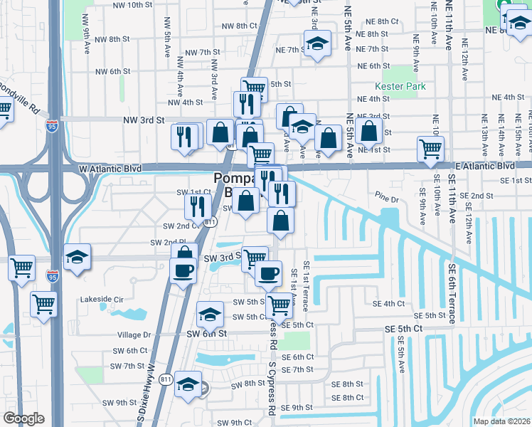 map of restaurants, bars, coffee shops, grocery stores, and more near 259 South Cypress Road in Pompano Beach