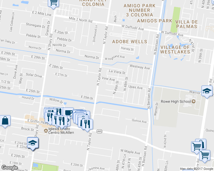 map of restaurants, bars, coffee shops, grocery stores, and more near 4933 Upas Street in McAllen