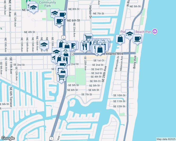 map of restaurants, bars, coffee shops, grocery stores, and more near 2520 Southeast 2nd Court in Pompano Beach