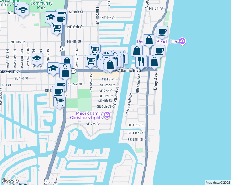 map of restaurants, bars, coffee shops, grocery stores, and more near 285 Southeast 28th Avenue in Pompano Beach