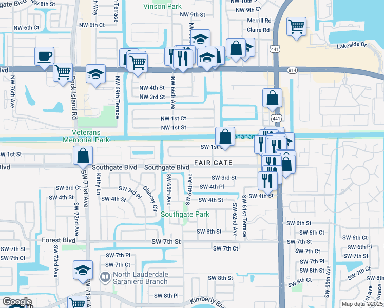 map of restaurants, bars, coffee shops, grocery stores, and more near 6335 Southwest 2nd Street in Margate
