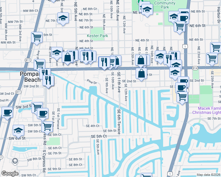 map of restaurants, bars, coffee shops, grocery stores, and more near 241 Southeast 10th Avenue in Pompano Beach