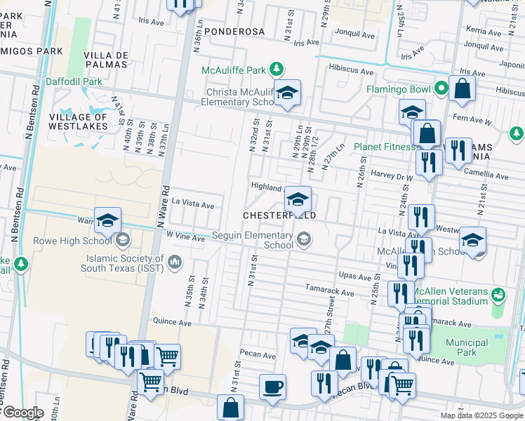 map of restaurants, bars, coffee shops, grocery stores, and more near 2421 North 31st Street in McAllen