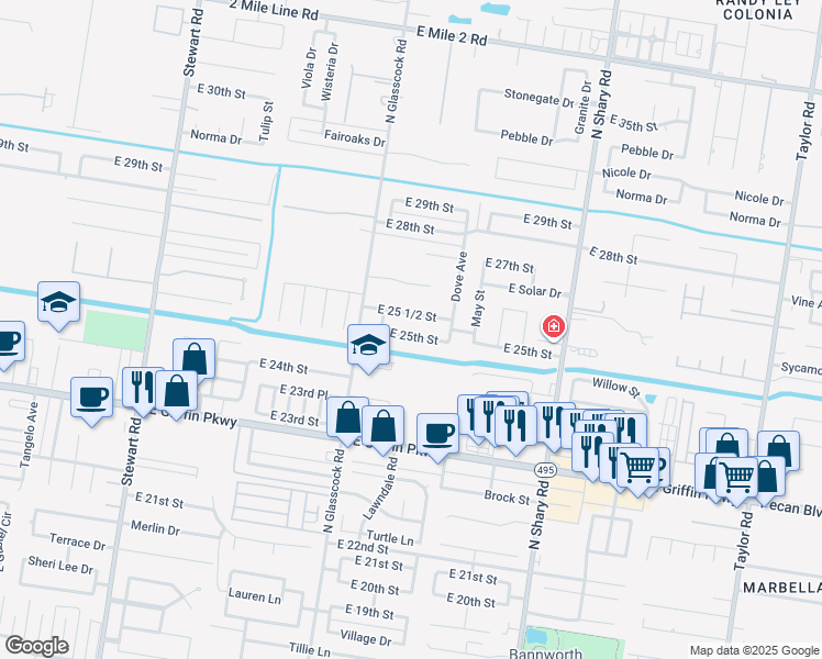 map of restaurants, bars, coffee shops, grocery stores, and more near 2105 East 25th Street in Mission