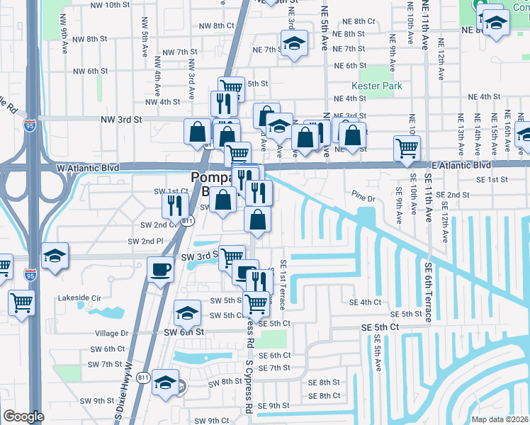 map of restaurants, bars, coffee shops, grocery stores, and more near 209 Southeast 1st Avenue in Pompano Beach