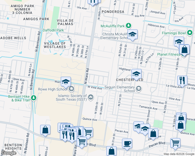 map of restaurants, bars, coffee shops, grocery stores, and more near 2319 N 35th Ln in McAllen