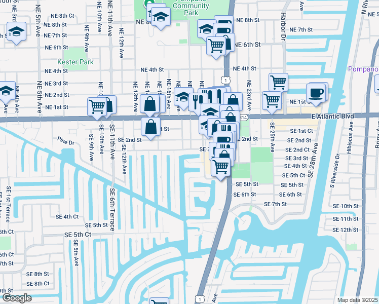 map of restaurants, bars, coffee shops, grocery stores, and more near 1790 Southeast 3rd Street in Pompano Beach