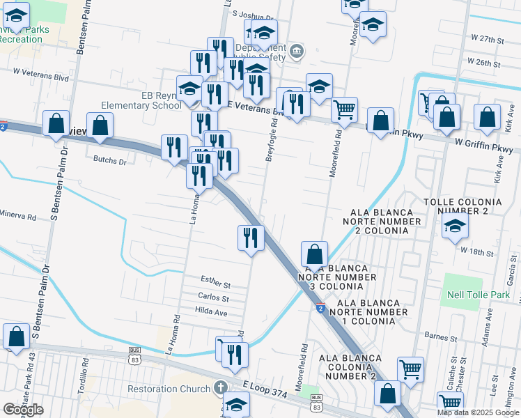 map of restaurants, bars, coffee shops, grocery stores, and more near 133 Breyfogle Road in Mission