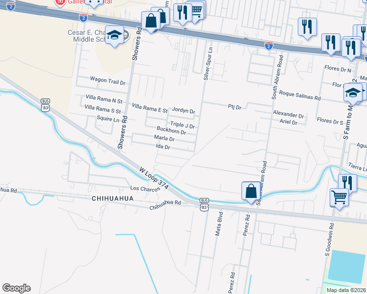 map of restaurants, bars, coffee shops, grocery stores, and more near 3318 Ida Drive in Palmview