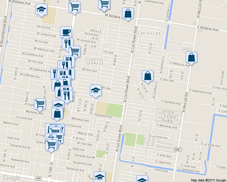 map of restaurants, bars, coffee shops, grocery stores, and more near 311 West Daffodil Avenue in McAllen
