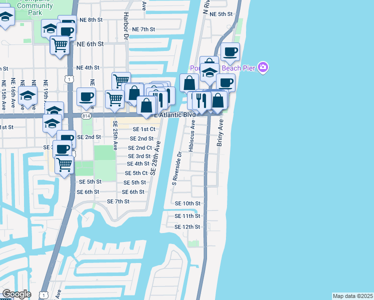 map of restaurants, bars, coffee shops, grocery stores, and more near 316 Hibiscus Avenue in Pompano Beach