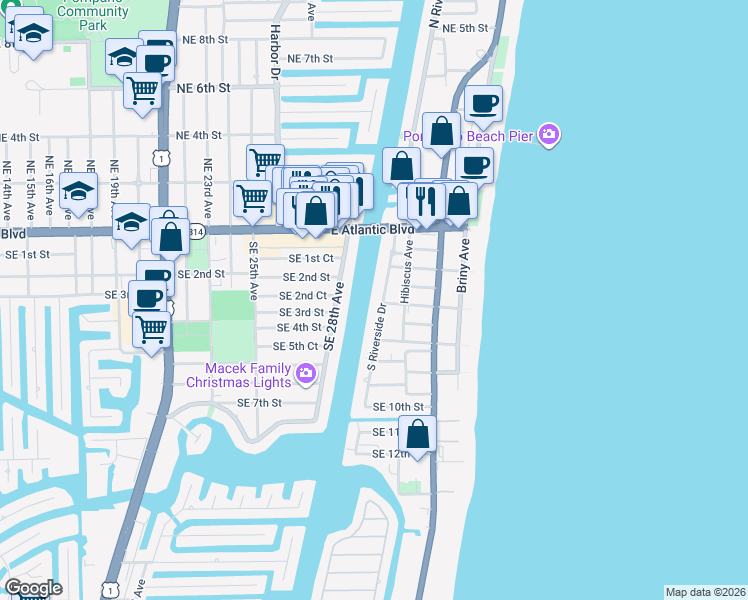 map of restaurants, bars, coffee shops, grocery stores, and more near 319 South Riverside Drive in Pompano Beach