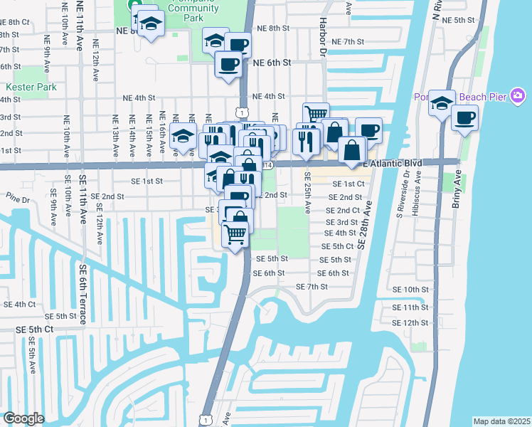 map of restaurants, bars, coffee shops, grocery stores, and more near 300-302 Northeast 22nd Avenue in Pompano Beach