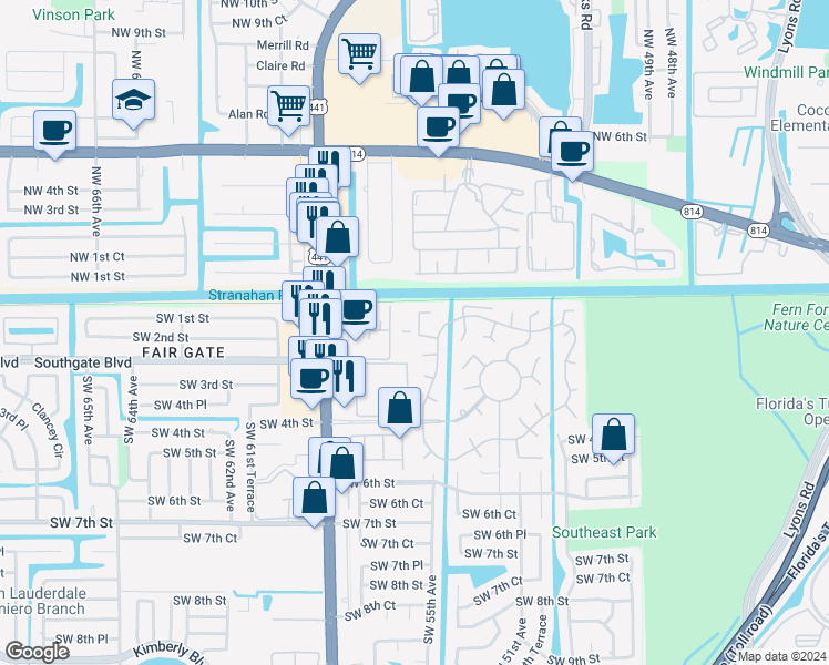 map of restaurants, bars, coffee shops, grocery stores, and more near 232 North Cortez Drive in Margate