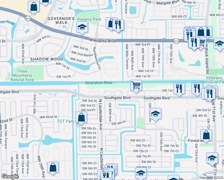 map of restaurants, bars, coffee shops, grocery stores, and more near 8001 Southgate Boulevard in North Lauderdale