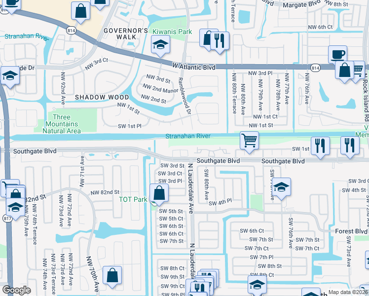 map of restaurants, bars, coffee shops, grocery stores, and more near 8143 Southgate Boulevard in North Lauderdale