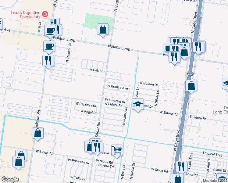 map of restaurants, bars, coffee shops, grocery stores, and more near 801 West Bronze Drive in Pharr